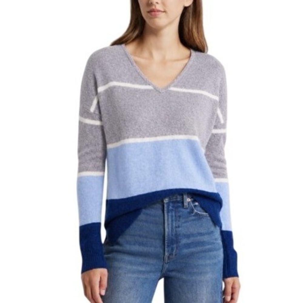 Griffen Blue Gray Stripe Wool & Cashmere V-Neck Sweater L